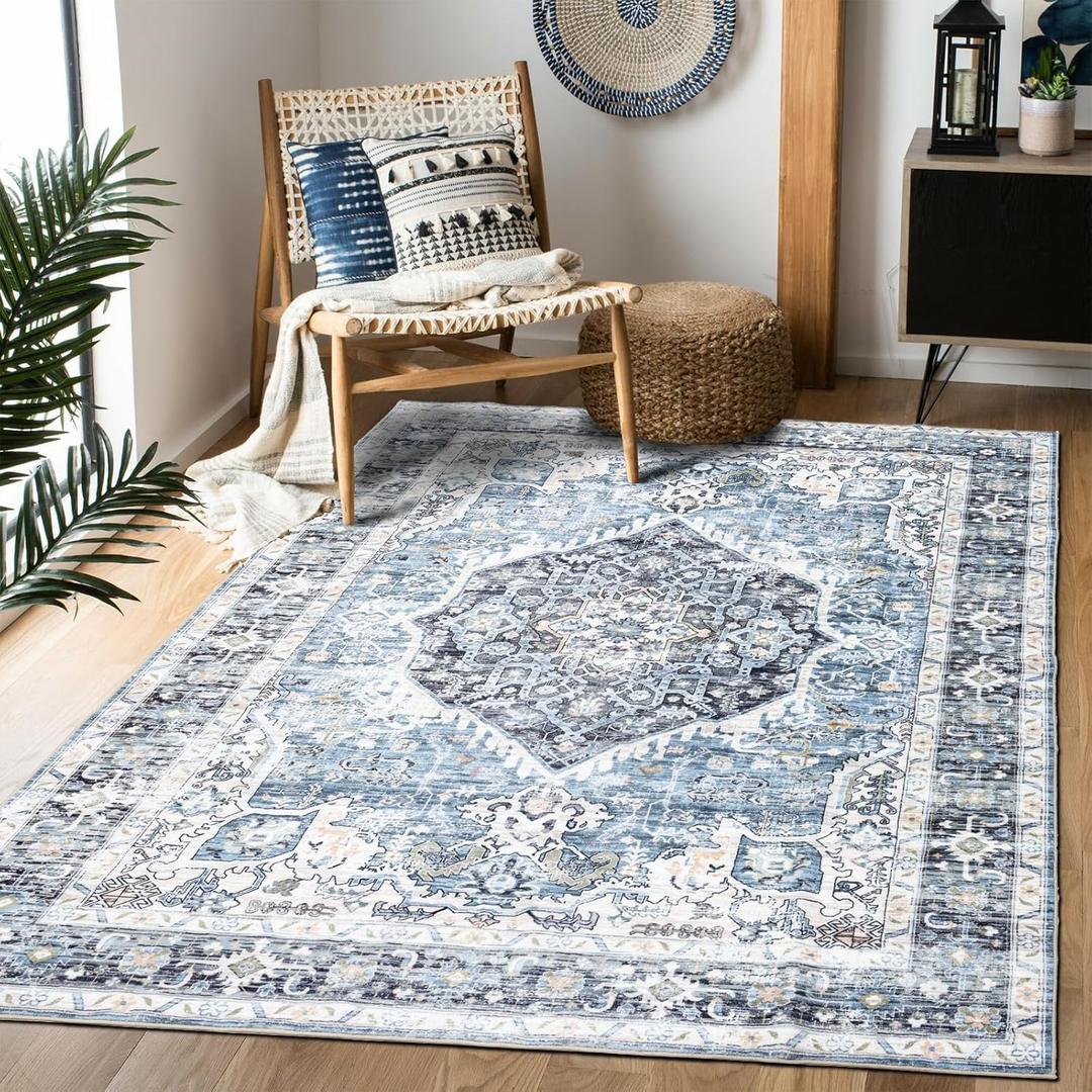 Area Rug 35, Vintage Boho Rug, Ultra-Soft Low Pile, Washable, Non Slip, Stain Resistant Printed Carpet for Living Room Bedrooms Playroom Office Kitchen, Light Blue