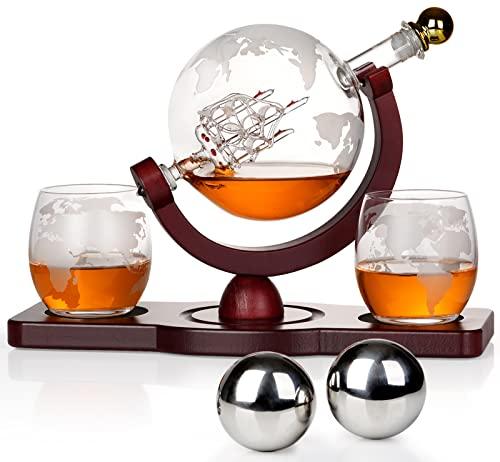 PONPUR Gifts for Men Dad Valentines Day, Whiskey Decanter Globe Set with 2 Ball Stones & 2 Glasses, Anniversary Birthday Gifts for Him Husband Boyfriend Brother, Cool Stuff Gift for Bourbon Scotch