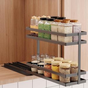 Mustorn Pull Out Spice Rack Organizer for Cabinet, 2 Tier Metal Slide Out Seasoning Organizer and Storage Heavy Duty Vertical Spice Rack Shelf Pullout for Kitchen Cabinets No Drilling (1 Pack, Black)