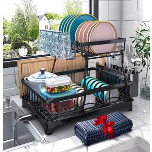 Godboat Dish Drying Rack, 2-Tier Dish Rack with Auto-Drain & Mat, Dish Racks for Kitchen Counter, Dish Drainer with Knife, Fork & Cup Rack, Gifts for Women, Mothers Day, Cool Stuff & Kitchen Gadgets