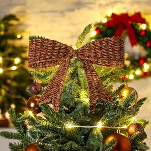Rustic Christmas Tree Topper 11.4'' Rattan Bow Farmhouse Christmas Decor Retro Natural Xmas Tree Topper Bow for Xmas Winter Holiday Party Decoration Wall Fireplace Indoor Outdoor Ornaments