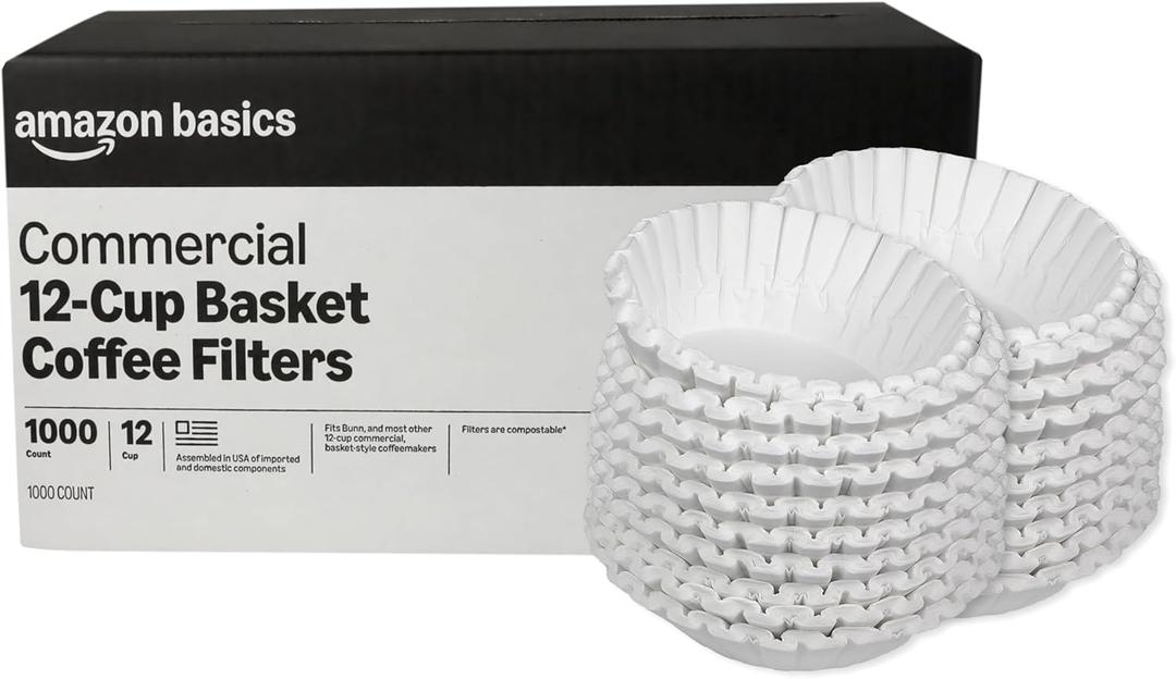 Amazon Basics Commercial 12-Cup Basket Coffee Filters, 1000 Count, Fits Bunn and Most Basket-Style Coffeemakers, White