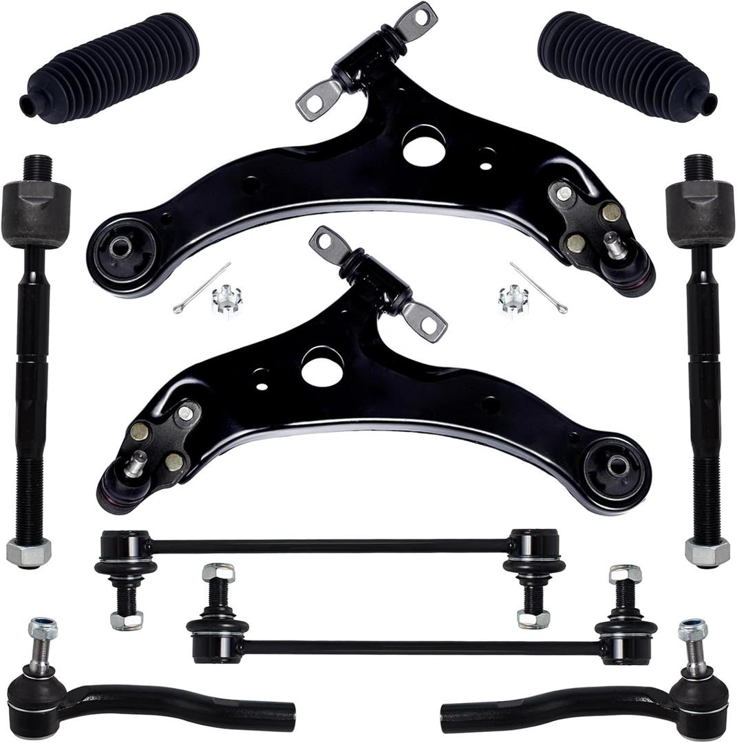 TUCAREST 10Pcs Suspension Kit Fit For 12-17 To-yota Camry, 13-18 Avalon, 2 Front Lower Control Arm w/Ball joint + Outer Inner Tie Rod + Sway Bar + Boots [# K621476 K621477 K750123 EV801497 ES800930]