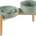 Havniva Ceramic 1.2 Cup Raised Slow Feeder Dog Bowl Set, Elevated 6.1inch Bowl and 7.3inch Puzzle Slow Food Dish with Wooden Stand for Medium and Small Dog, Anti-Gulping (2 x Light Green+ Stand)