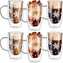 Sliner 6 Pack Christmas Snowflake Double Wall Glass Coffee Mugs with Handle 15 oz Clear Insulated Glasses Cups Winter Holiday Mugs for Cappuccino Latte Espresso Tea Bag Beverage Hot Chocolate