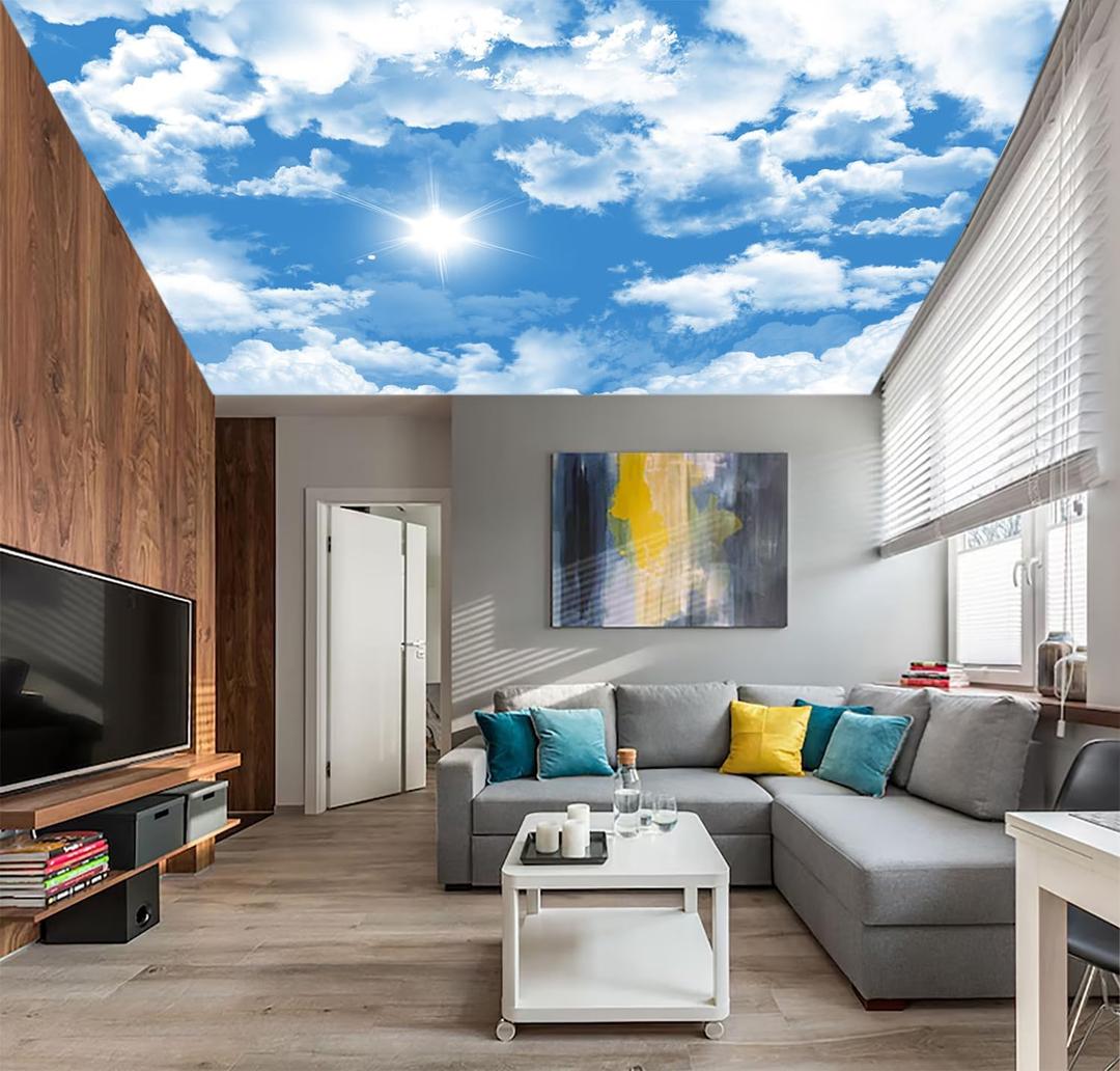AFZEVEB-Ceiling Mural Blue Sky White Clouds Wallpaper for Living Room 159"x107" (Not Peel and Stick)