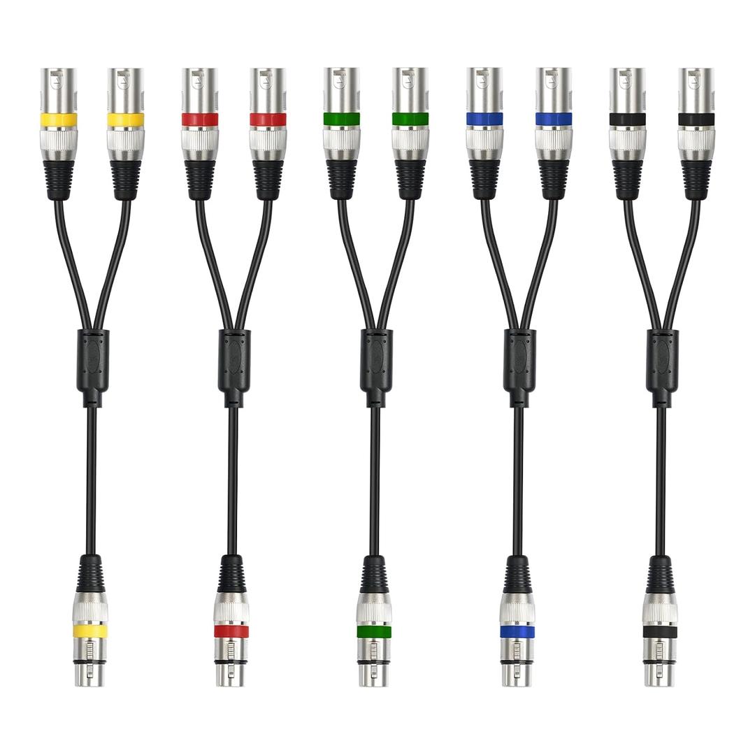 5PACK 5 COLOR 1.5FT XLR FEMALE TO DUAL MALE Y SPLITTER CABLE, XLR SPLITTER 1 FEMALE TO 2 MALE FOR MICROPHONE MIXER