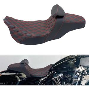 One-Piece Two-Up Seat With Driver Backrest Fit for Harley Touring 2009-2023, Red Stitching w/Driver Backrest
