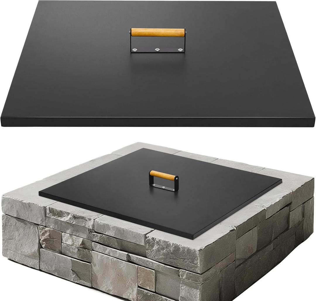Firepit Lid Square - Rust Resistant 28" x 28" Fire Pit Lid Cover with Wooden Handle & Gloves, Fire Pit Snuffer Lid for Courtyards, Patio, Winter Cold Protection. Fits Fire Pits Up to 26"