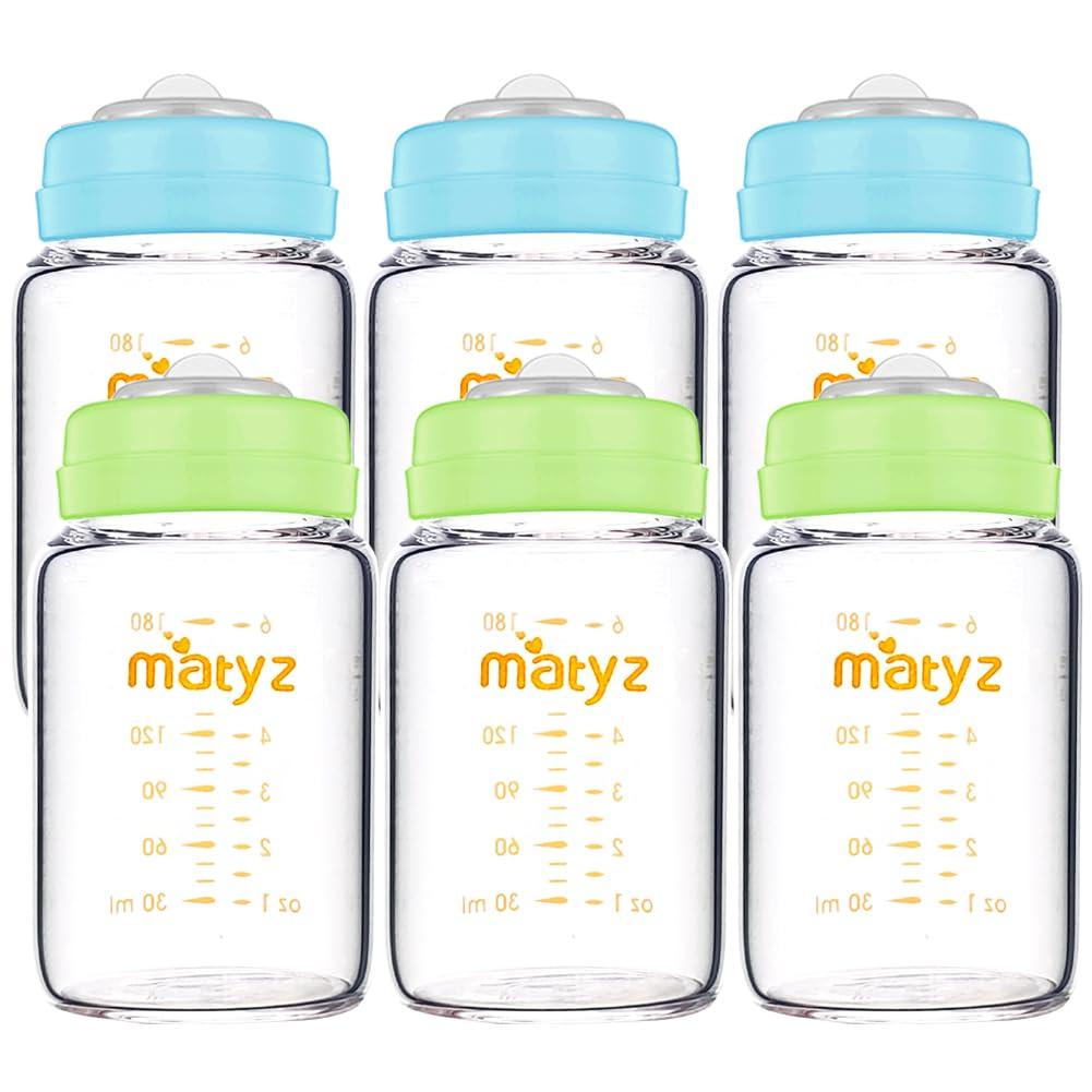 Matyz Glass Breastmilk Storage Bottles, 6 Pack, 6 oz, Sturdy Glass Bottle for Milk Freezing and Baby Feeding - Pumping Bottle for Philips Medela Spectra Breast Pumps - No BPA (3 Green & 3 Blue Lids)