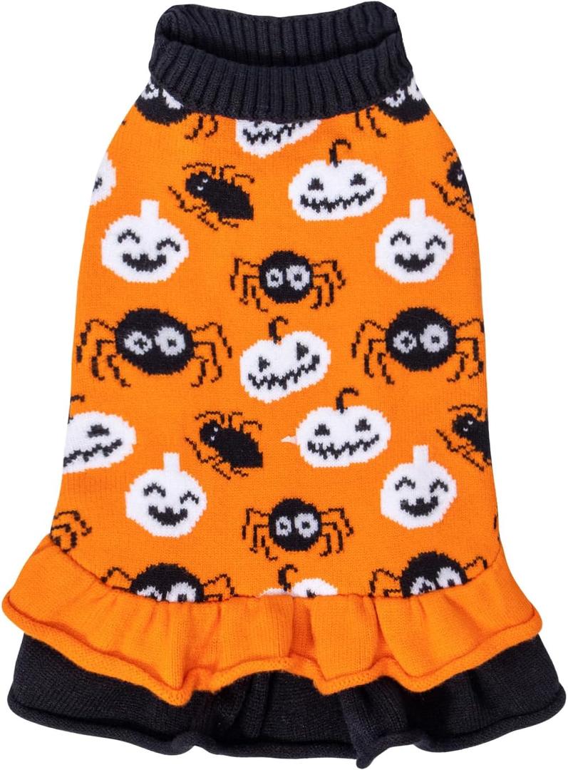 CuteBone Halloween Dog Sweater Dress, Soft and Stretchy Dog Clothes for Small Dogs Girl, Pumpkin Spider Puppy Sweater Pullover Ruffle Dress Pet Outfit Cat Apparel, Small, Halloween Orange