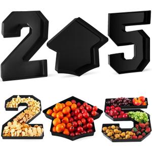 3 Pcs 13.7" Graduation Fillable Letter,Plastic Number Trays for Food 2025,2025 Charcuterie Number,Grad Fillable Letter for Class of 2025 Congrats Grad Party Supplies(Black)