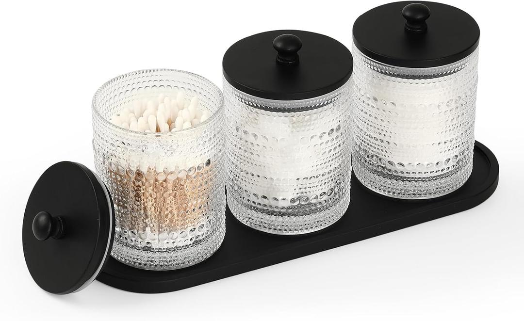 eggs sound 3 Pack Qtip Holder - Bathroom Organizers and Storage, Cotton Round Holder Floss Pick Holder Cotton Ball Holder with Tray, Glass Apothecary Jars with Lids, Cotton Pad Holder Set -clear b D
