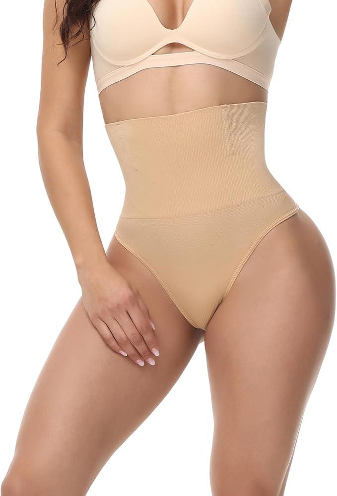 Pack of 2, LULEENEMO Thong Shapewear Tummy Control, High Waist Underwear Panties Super Comfort Womens Thong Underwear (Nude, Small)