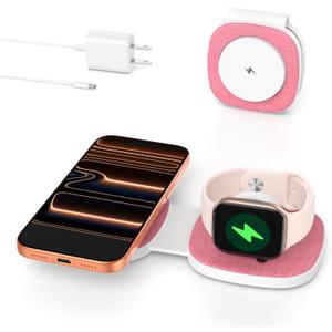 Charging Station for Apple Multiple Devices2 in 1 Foldable Wireless Charger for Magnetic Wireless Charger Station Travel Charging Pad for Apple iPhone 17 16 15 14 13 12 Series& Apple Watch& Airpods (Pink)