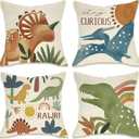 Fahrendom Boho Dinosaur Rawr Decorative Throw Pillow Covers 18 x 18 Set of 4, Bohemian Dino Stay Curious Porch Patio Outdoor Pillowcase, Sun Rainbow Plant Sofa Couch Cushion Case Home Decor