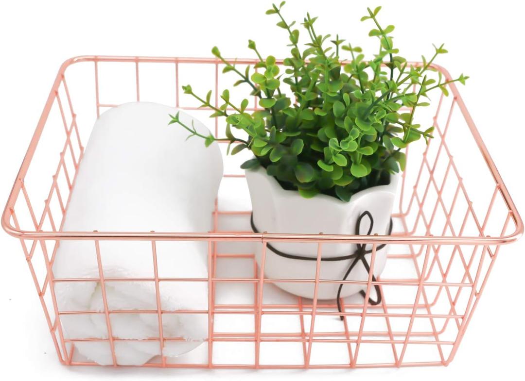 Metal Wire Storage Basket with Handles for Kitchen Food Pantry Papers Home Office Desk Bathroom Laundry Room Bedroom Bed Room Organizer, Rose (1 PC)