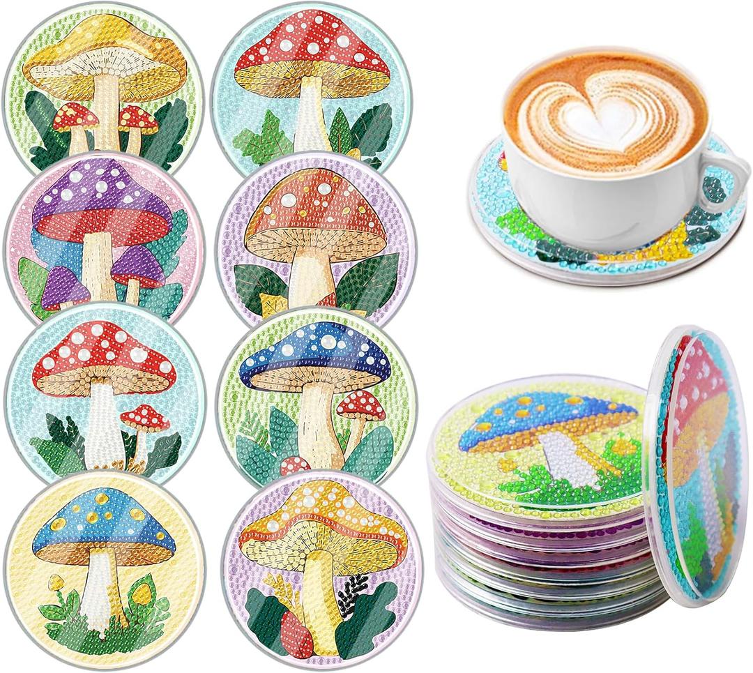 8 Pcs Diamond Art Coasters Waterproof Cover, Mushrooms Diamond Painting Coasters, Diamond Art Coaster Kit Crystal Gem Art Kits for Home Office and Gift 4X4 Inch