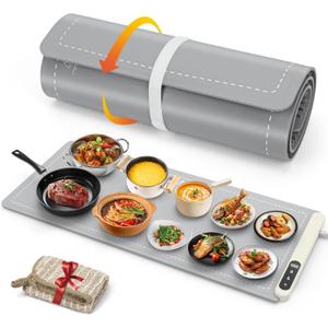 FYY Extra Large Warming Mat for Food - Rapid and Full Surface Heating, 6 Temp Settings, 6H Timer, Rollable Portable Food Warming Mat for Gatherings, Parties, Keep Meal Warm (XX Large Size, Gray)