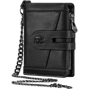 Genuine Leather Chain Wallets for Men: RFID Blocking Mens Wallet with Chain Purse Bifold Zipper Coin Pocket with Anti-Theft Chain, Gift for Father Husband At Birthday (Black)
