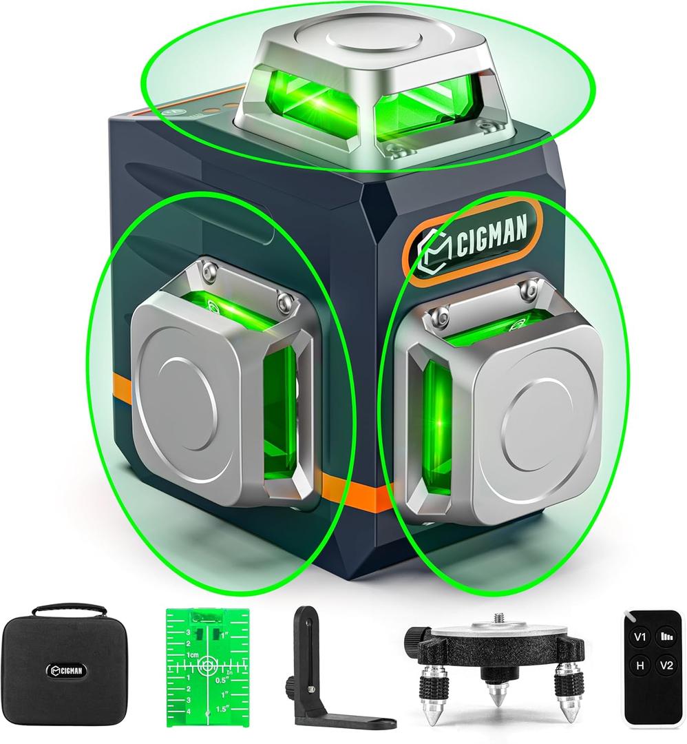 CIGMAN Laser Level Self Leveling 3x360 3D Green Cross Line for Construction and Picture Hanging, Rechargeable battery, Remote Controller, Magnetic Rotating Stand Included