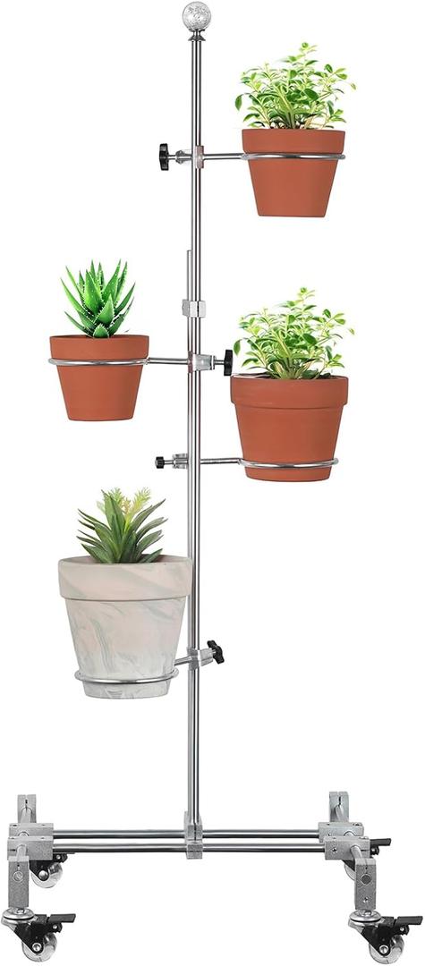 32" Tall DIY Plant Stand Indoor with 4 Pot Clips, Metal Flower Rack with Wheels, Adjustable Rolling Plant Shelf for Balcony, Patio, Garden Display, 3 PACK