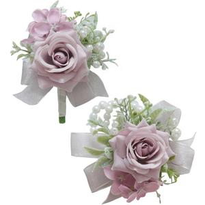 MAFELOE 2 Pieces Boutonniere Corsage Set, Artificial Flowers for Groom Groomsmen Bride Bridesmaids Wedding Prom Party Suit Decor-Pale Pink Purple (M4-Y1-JM)