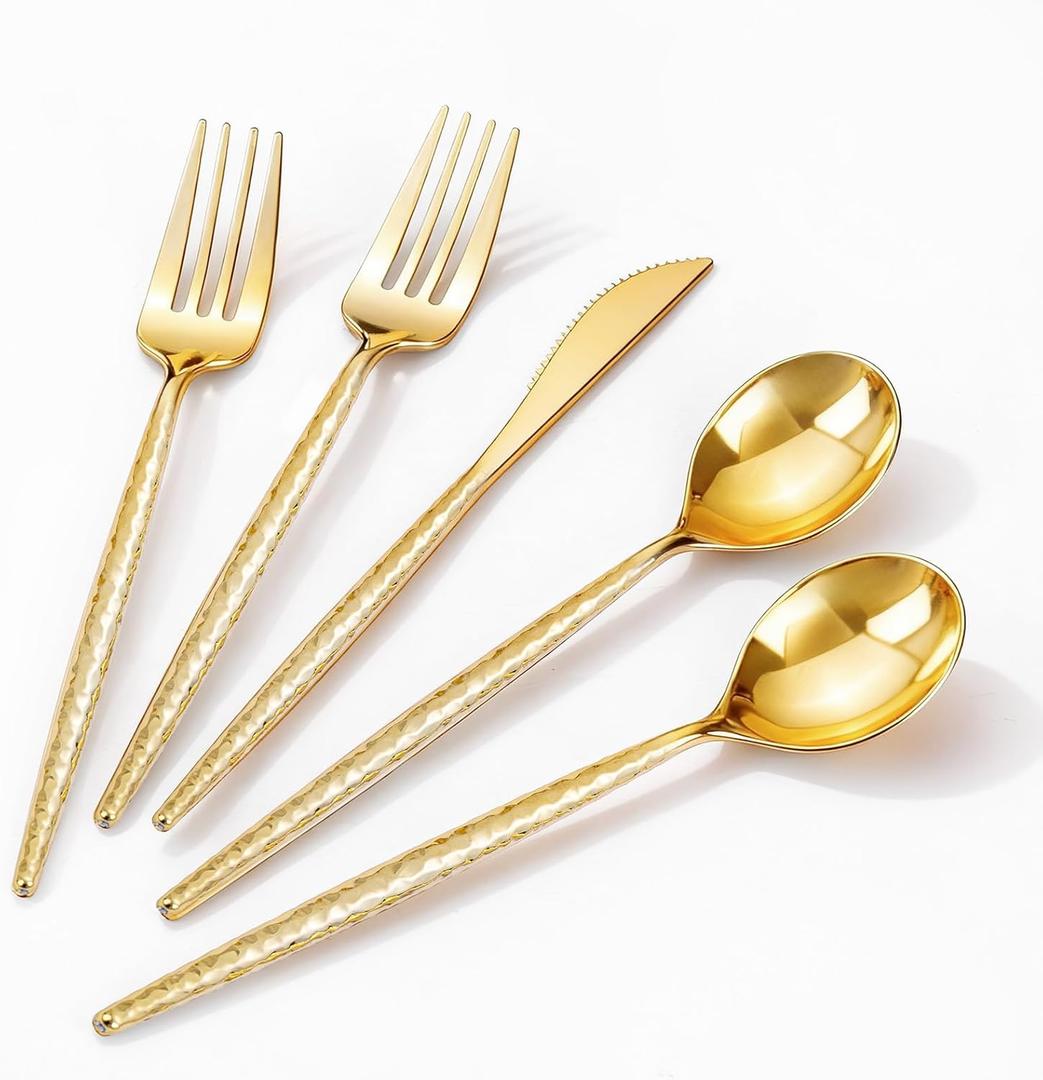 Rubtlamp 90Pcs Gold Plastic Silverware, Gold Disposable Utensils, Hammered Plastic Silverware, Gold Plastic Forks And Spoons Set Include 30 Forks, 30 Knives,30 Spoons For Daily Use