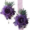 Rose Wrist Corsage and Boutonniere Set for Wedding Prom Ceremony Anniversary Party Decoration (Purple)