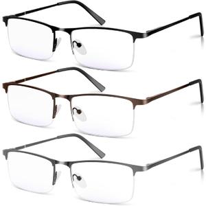 3 Pack Blue Light Blocking Reading Glasses for Men, Stylish Half Frame Metal Computer Readers, Lightweight Spring Hinge Eyeglasses Anti Eyestrain/Glare/UV (Mix Color, Black+Grey+Brown, 2.0)