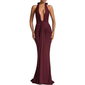 Women Deep V Neck Ruched Maxi Dress Sleeveless Halter Gown Cocktail Evening Formal Dresses (Medium, Wine Red)
