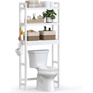 SONGMICS Over The Toilet Storage, 3-Tier Over Toilet Bathroom Organizer with Adjustable Shelf, 10.2 x 24.8 x 66.9 Inches, Space-Saving, Cloud White UBTS01WT