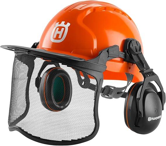 Husqvarna 592752602 Chainsaw Helmet with Metal Mesh Face Shield, Adjustable Ear Muffs for Hearing Protection, and Sun Peak, HDPE Forestry Helmet Shell, Orange