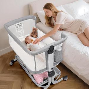 MOMFANN Baby Bassinet Bedside Sleeper, Upgraded Stability Bedside Crib with Full Mesh Sides, Soft Sheet, 6-Height Adjustment, Storage Basket, Easy Folding Portable Bassinet for Newborns, Gray