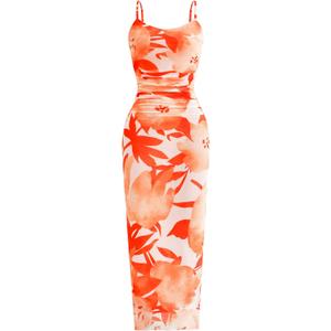PRETTYGARDEN Summer Wedding Guest Dresses for Women 2026 Spaghetti Strap Mesh Bodycon Beach Vacation Floral Maxi Long Dresses (Medium, Floral Light Orange)