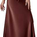 Long Silk Skirt Women's Spring Summer Satin Silk High Waist Drawstring Ruffle A Line Maxi Skirt (Brown, L)