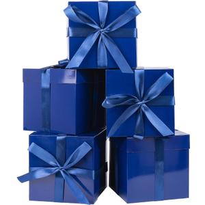 Jaywayang 5 Pack Blue Gift Boxes with Lids, Ribbons and Tissue Papers Square Gift Boxes - 7.1 Inch - Birthday, Wedding, Presents Wrapping, Father's Day, Valentine's Day Decoration Party Favor Boxes.