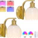 Rechargeable Battery Operated Wall Sconce Set of Two with Milky White Glass Lampshade, Wireless Wall Scone Decor with Remote Control, 15 Colors Gold Wall Light for Bedside Hallway Bedroom Doorway (2-Pack)