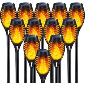 IkeeRuic Solar Halloween Flame Torch Lights for Outdoor Decor, 12Pack Outdoor Lights Solar Powered Waterproof, LED Torches for Outside Decor, Luces Solares Outdoor Decorations for Patio Garden Art (Orange)