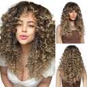 LONAI Curly Wig with Bangs for Women Long Honey Blonde Kinky Wigs with Bangs WIG006 Curly Shag Synthetic Wig for Daily Use Party Cosplay-Ombre Honey Blonde