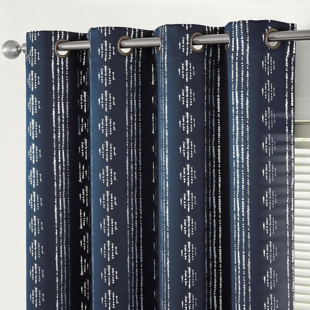 jinchan 95% Blackout Boho Curtains 96 Inches Long for Bedroom Living Room Silver Geometric Foil Printed Blue Curtain Grommet Top Room Darkening Drapes 52 x 96 2 Panels