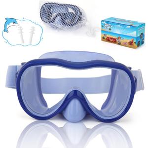 Kids Swim Goggles, Snorkel Mask Diving Mask Swimming Goggles with Nose Cover and Wide Elastic Straps Cover with Mesh Bag & Ear Plugs