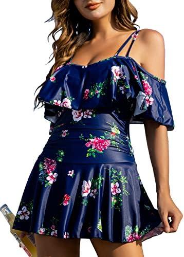 COCOPEAR Women's One Piece Flounce Swimsuit Off Shoulder Bathing Suit Tummy Control Swimdress 3XL