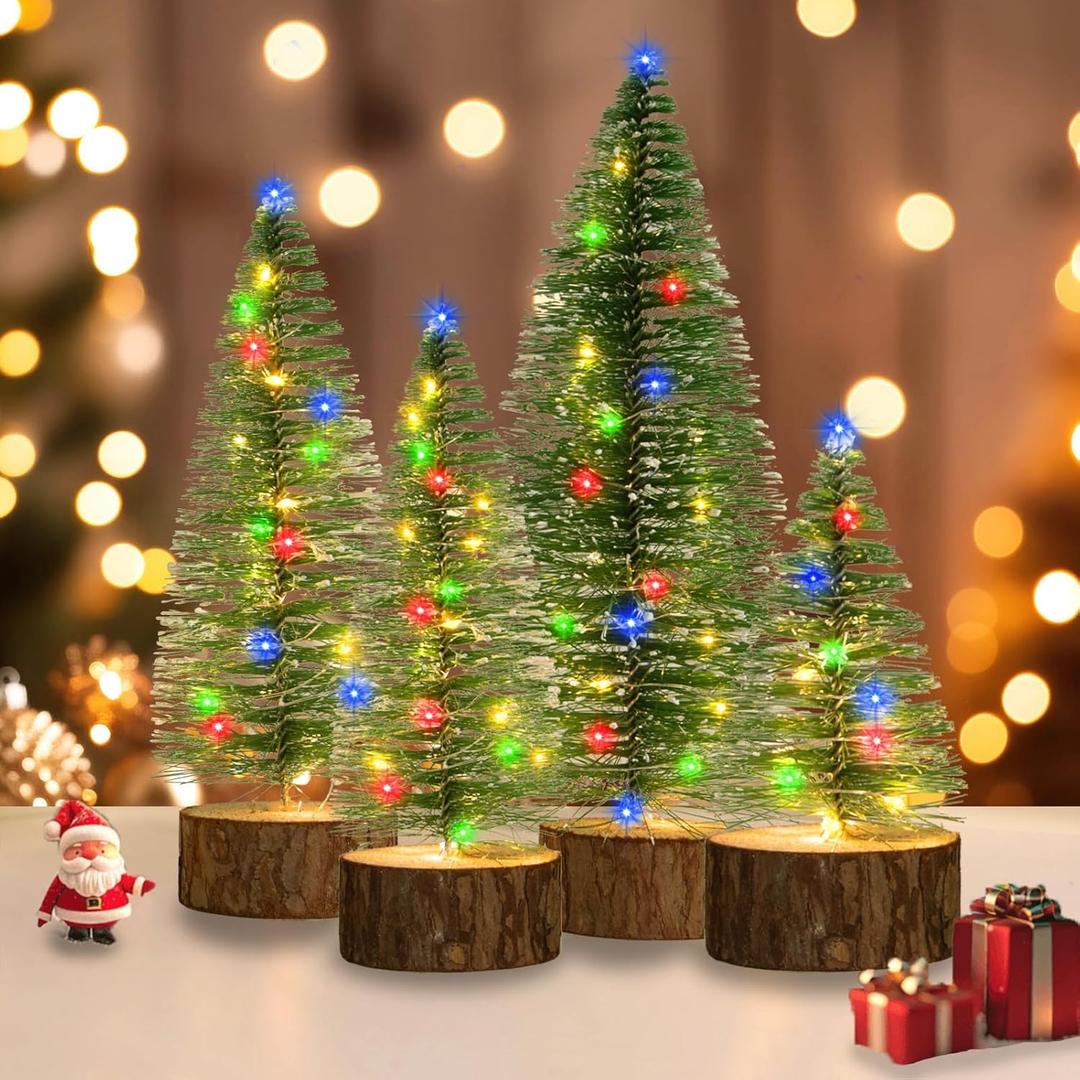 4 PCS Mini Christmas Trees, 4 Sizes Artificial Christmas Trees with 2 Modes LED String Lights Timer, Bottle Brush Trees Battery Powered Tabletop Tree Decoration (Multicolor)