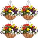 EIMQUVW Outdoor Metal Hanging Planters Basket (4pack, 8 inch) Hanging Baskets for Plants Chain Round Wire Plant Holder with Coco Fiber Liners for Garden, Patio, Deck, Porch