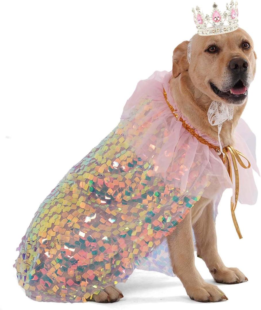 FLAdorepet Dog Princess Dress Costume with Rhinestones Crown,Pet Cat Cape Cloak Birthday Party Wedding Dress Up Outfits,Rainbow Mermaid Halloween Costume Clothes,X-Large (Pink)