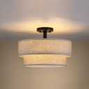 2-Tier 15" Linen Drum Fabric 3 Light Farmhouse Black Semi Flush Mount Light