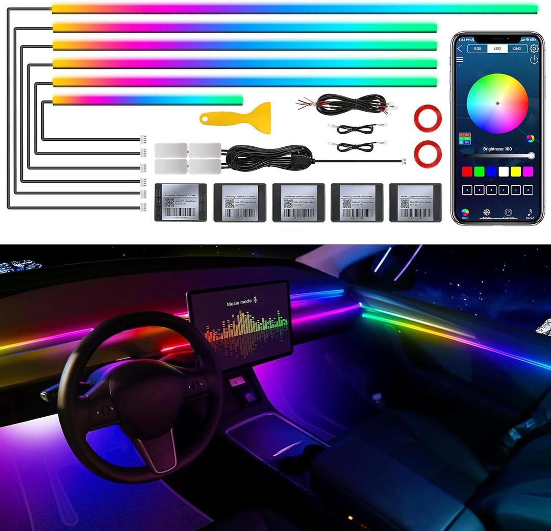 Dreamcolor Acrylic Interior Car LED Strip Light with Wireless APP, RGB 10 in 1 with 175 inches 593 Neon Car Ambient Lighting Kits, Dynamic Chasing Music Sync LEDs Fiber Optic Strip Lights for Car