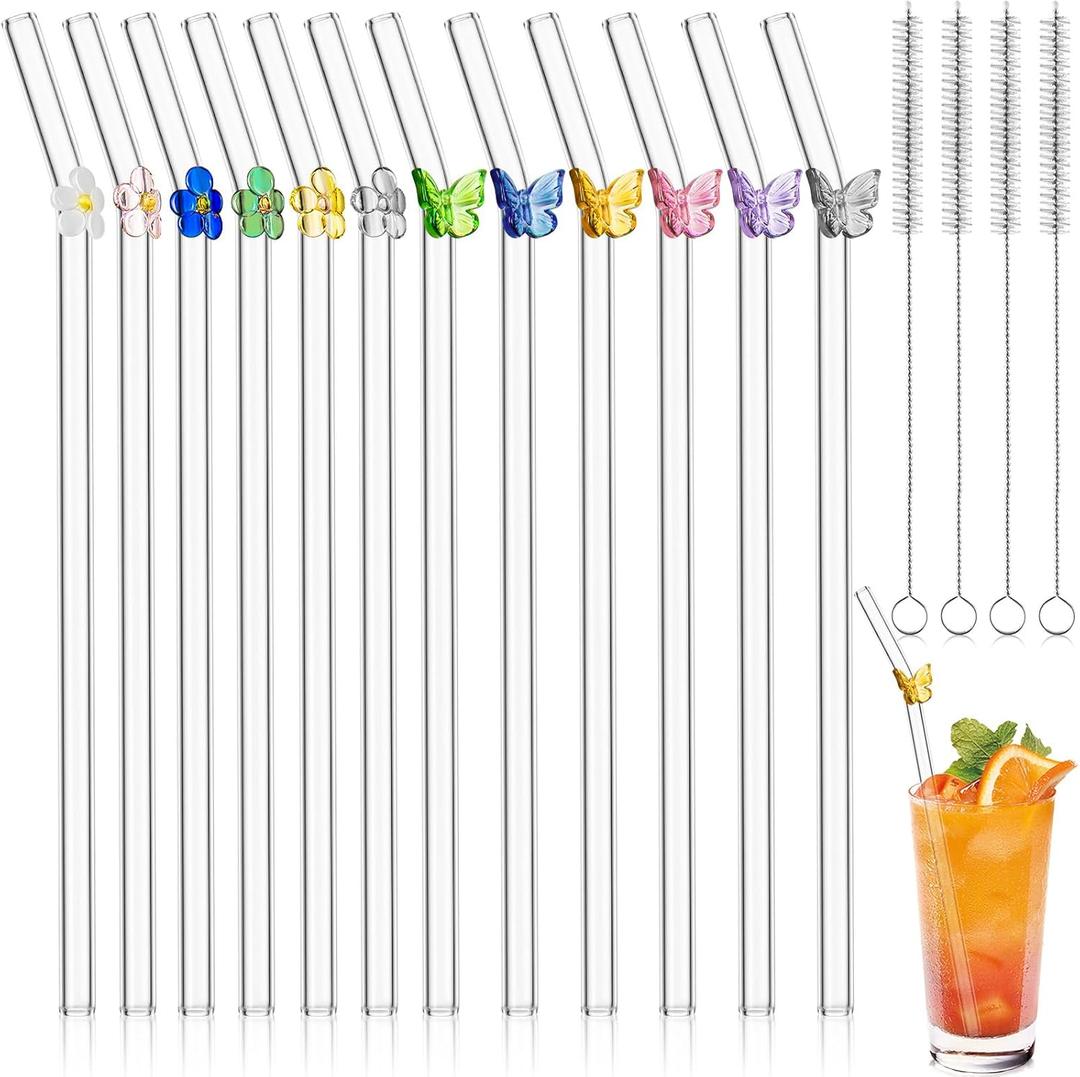 12Pcs Reusable Glass Straws, Cute Straws with Colorful Butterfly Flower, Clear Glass with 4 Cleaning Brushes for Smoothies, Milkshakes, Juices, Teas
