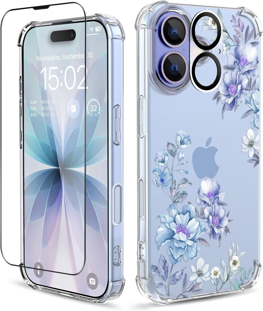 for iPhone 17 Case,[3 in 1] with Screen Protector & Camera Lens Protector, Flower Pattern Design,Clear Soft Shockproof Slim Floral Phone Cover for Women Girls 2025 6.3"(Magnolia/Blue)